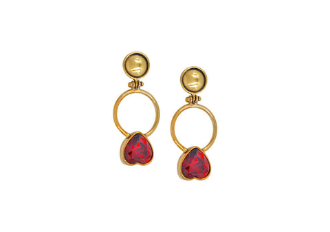 Red heart brass drop earrings