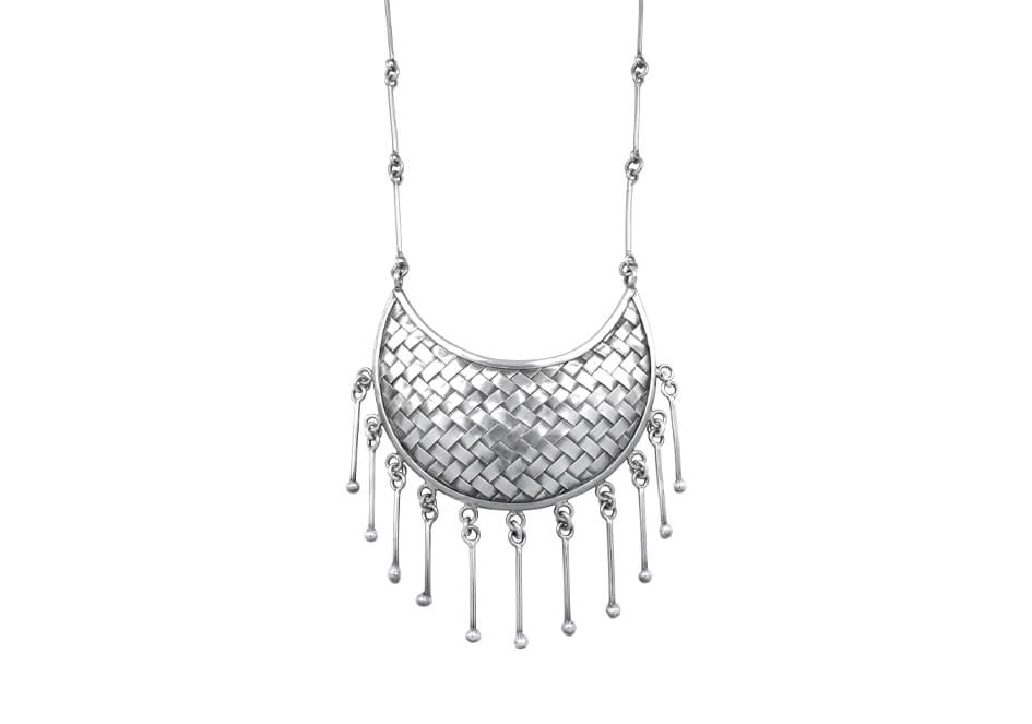 This necklace with intricate weaving designs is a good example of the amazing artisan handcraft work using pure silver.